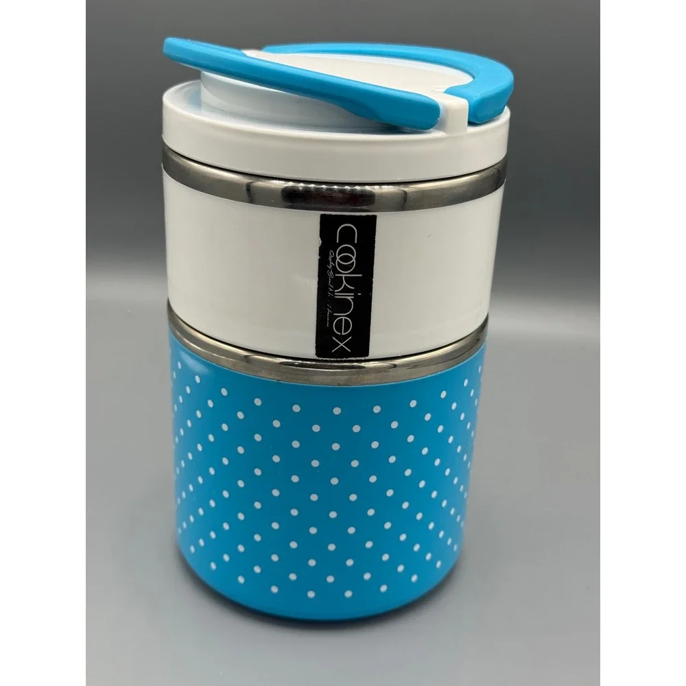 Cookinex 2 Tier Stackable lunch Box‎ Stainless Steel Blue Polka Dot Insulated